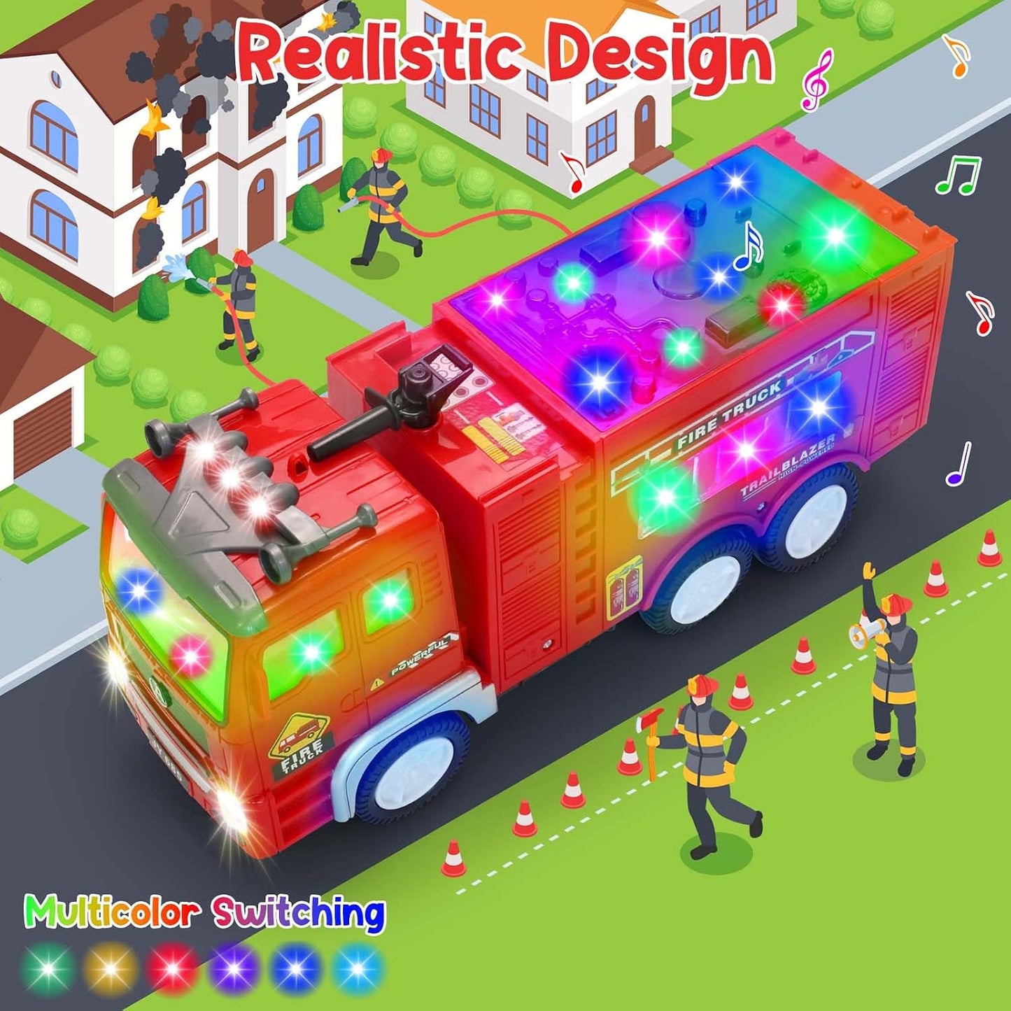 4D LED Light Up Fire Truck Toy, Music & Automatic Bump Function