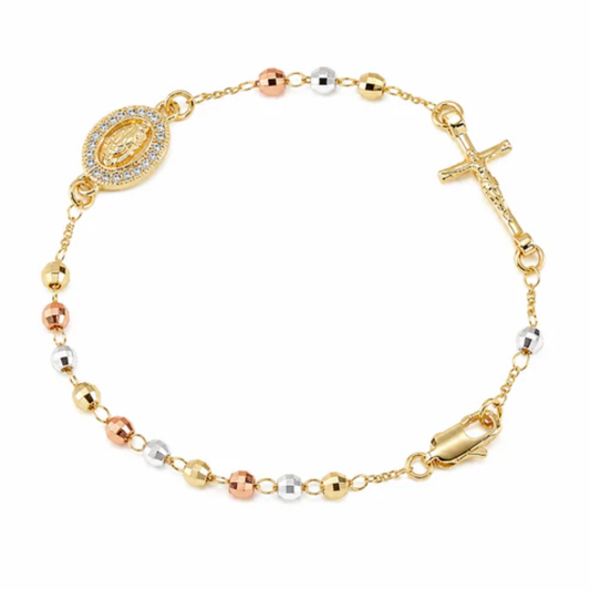 Tricolor Rosary Bracelet — Gold, Silver & Rose Gold flat lay