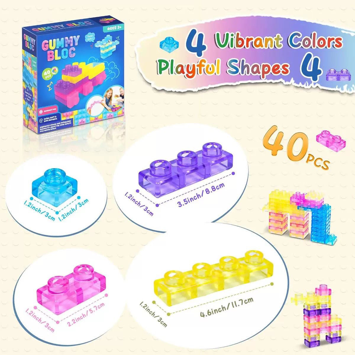 Multi-Color Squishy Jelly Stacking Blocks, Non-Toxic Kids Sensory Play Building Toy