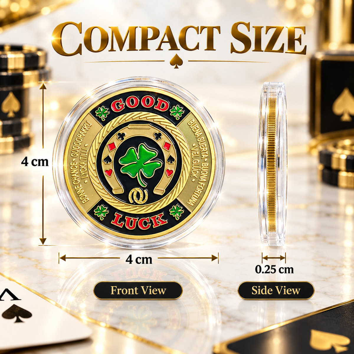 🍀GOOD LUCK ‑ Gold Metal Poker With Protective Case