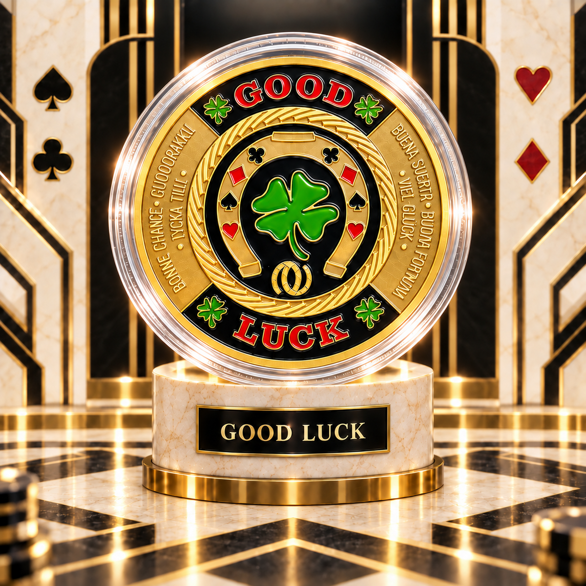 🍀GOOD LUCK ‑ Gold Metal Poker With Protective Case