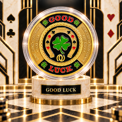 🍀GOOD LUCK ‑ Gold Metal Poker With Protective Case