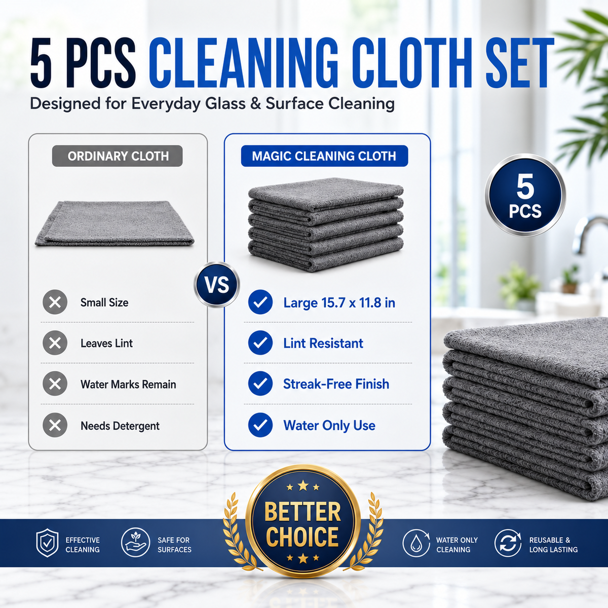 Five-piece gray microfiber cleaning cloth set displayed with product features