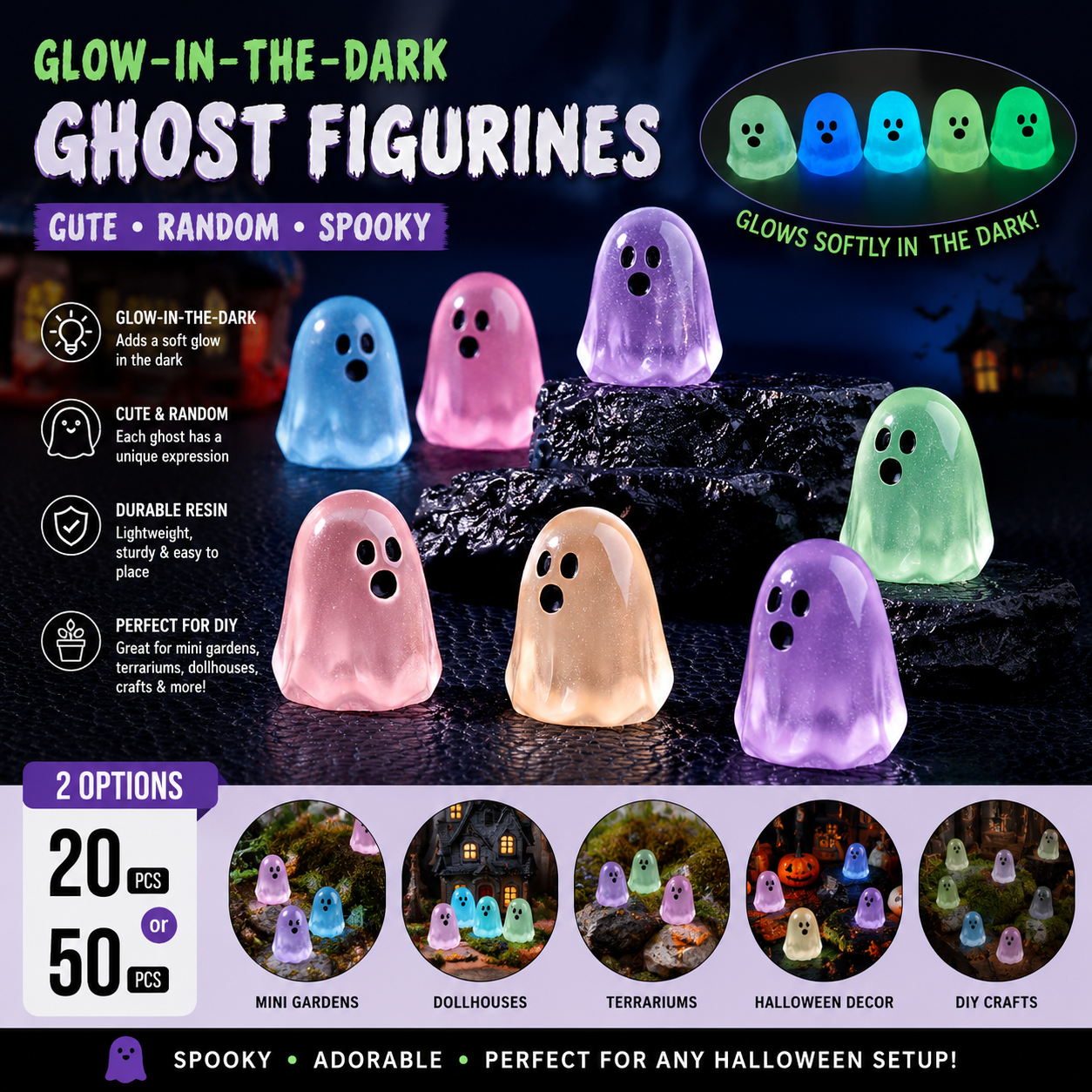 Glow‑in‑the‑Dark Mini Ghost Figurines | Resin Halloween DIY Decor 20/50PCS