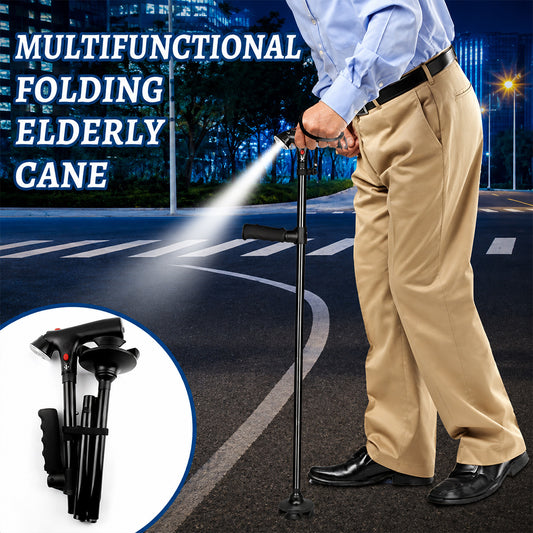 Multifunctional Foldable Cane: Light, Alarm, Anti-slip Base & Adjustable Height
