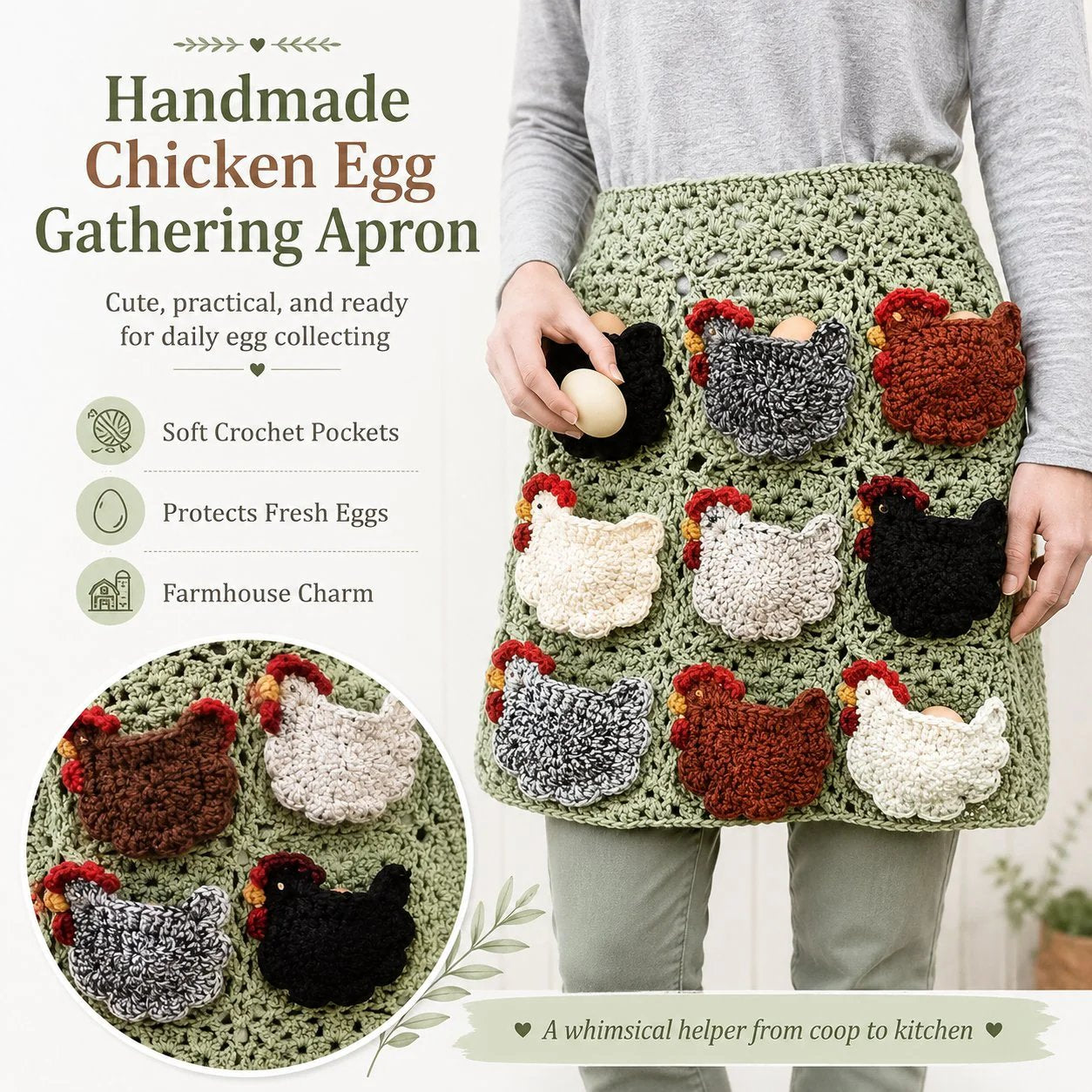 Handmade Crochet Chicken Egg Collecting Apron
