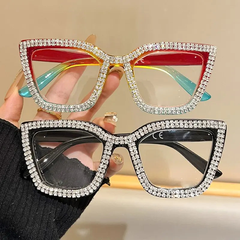 Diamond‑Studded Cat‑Eye Large Frame PC Light Anti‑Fatigue Reading Glasses