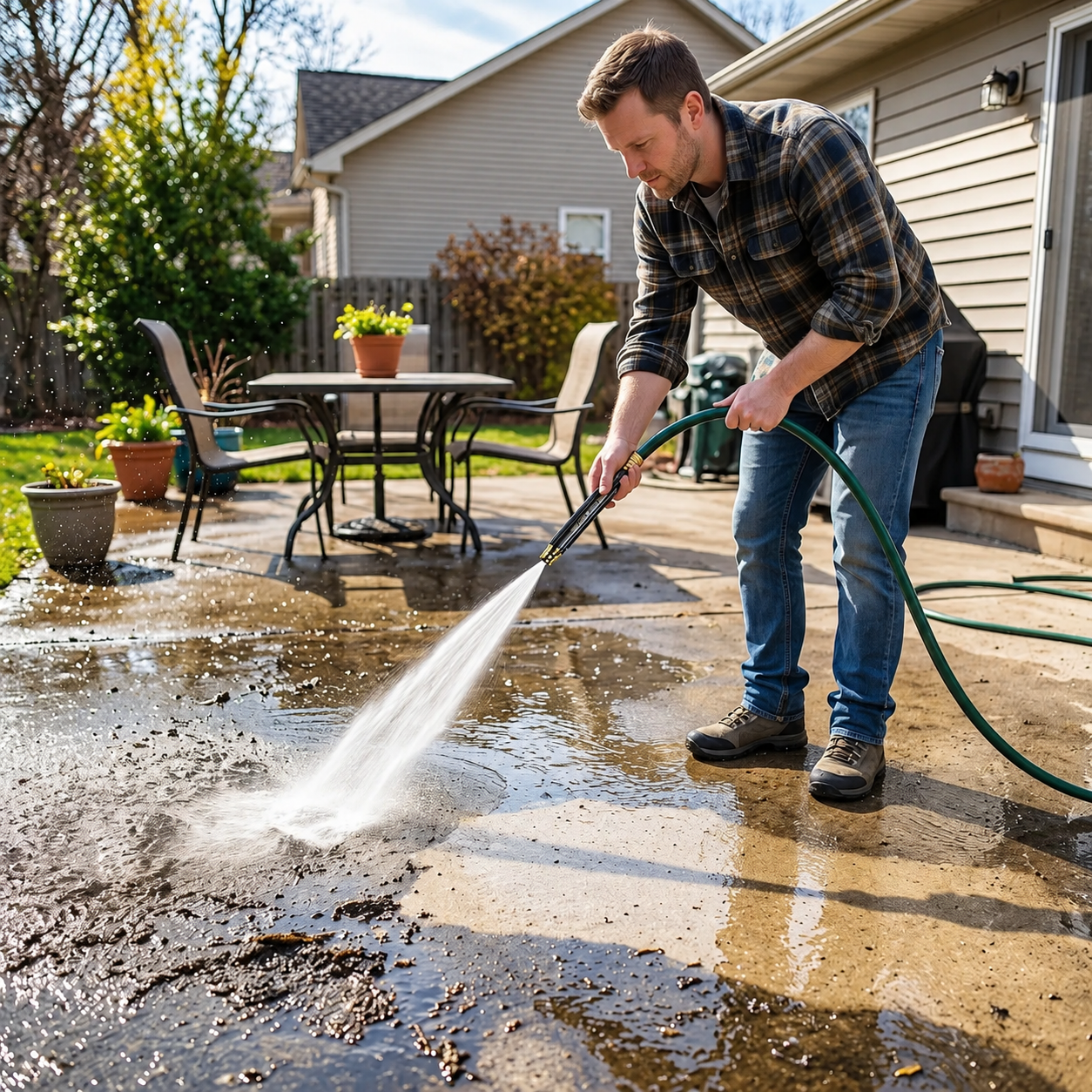 Adjustable hose spray nozzle being used to rinse a backyard patio