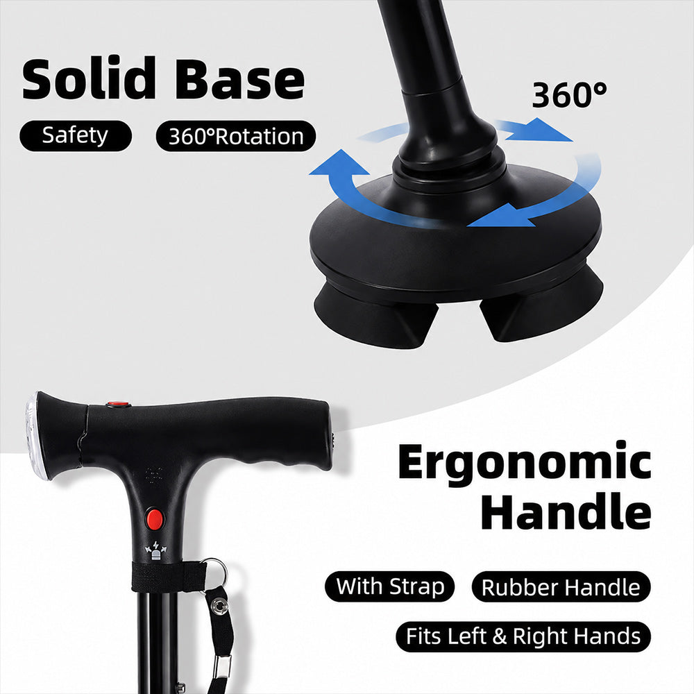 Multifunctional Foldable Cane: Light, Alarm, Anti-slip Base & Adjustable Height