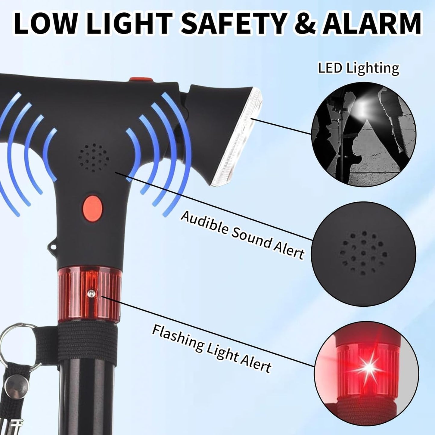 Multifunctional Foldable Cane: Light, Alarm, Anti-slip Base & Adjustable Height