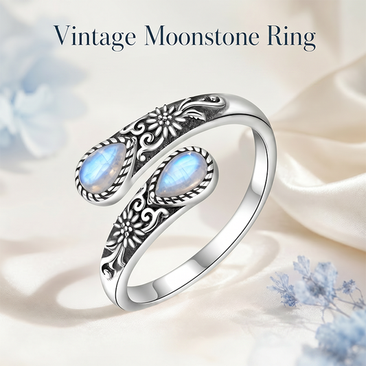 Moonstone Floral Ring | Vintage Style · Adjustable Size · Timeless Elegance
