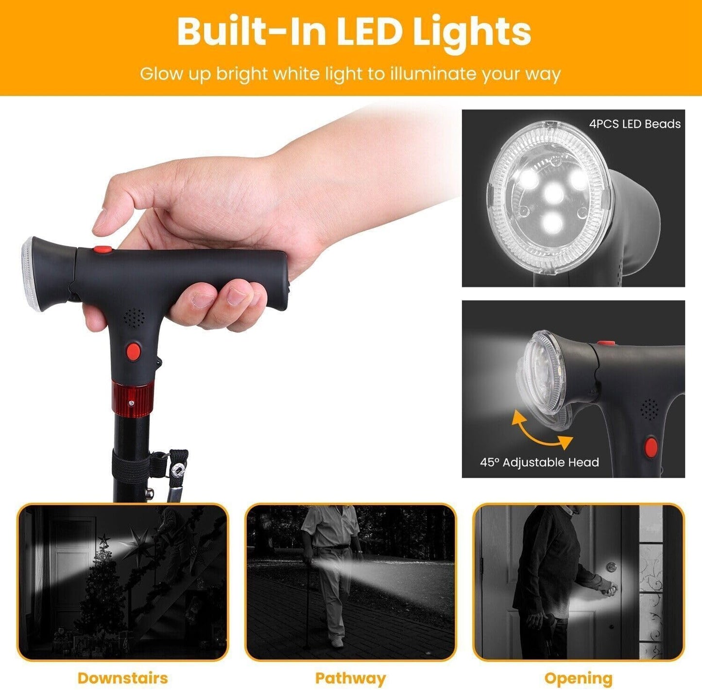 Multifunctional Foldable Cane: Light, Alarm, Anti-slip Base & Adjustable Height