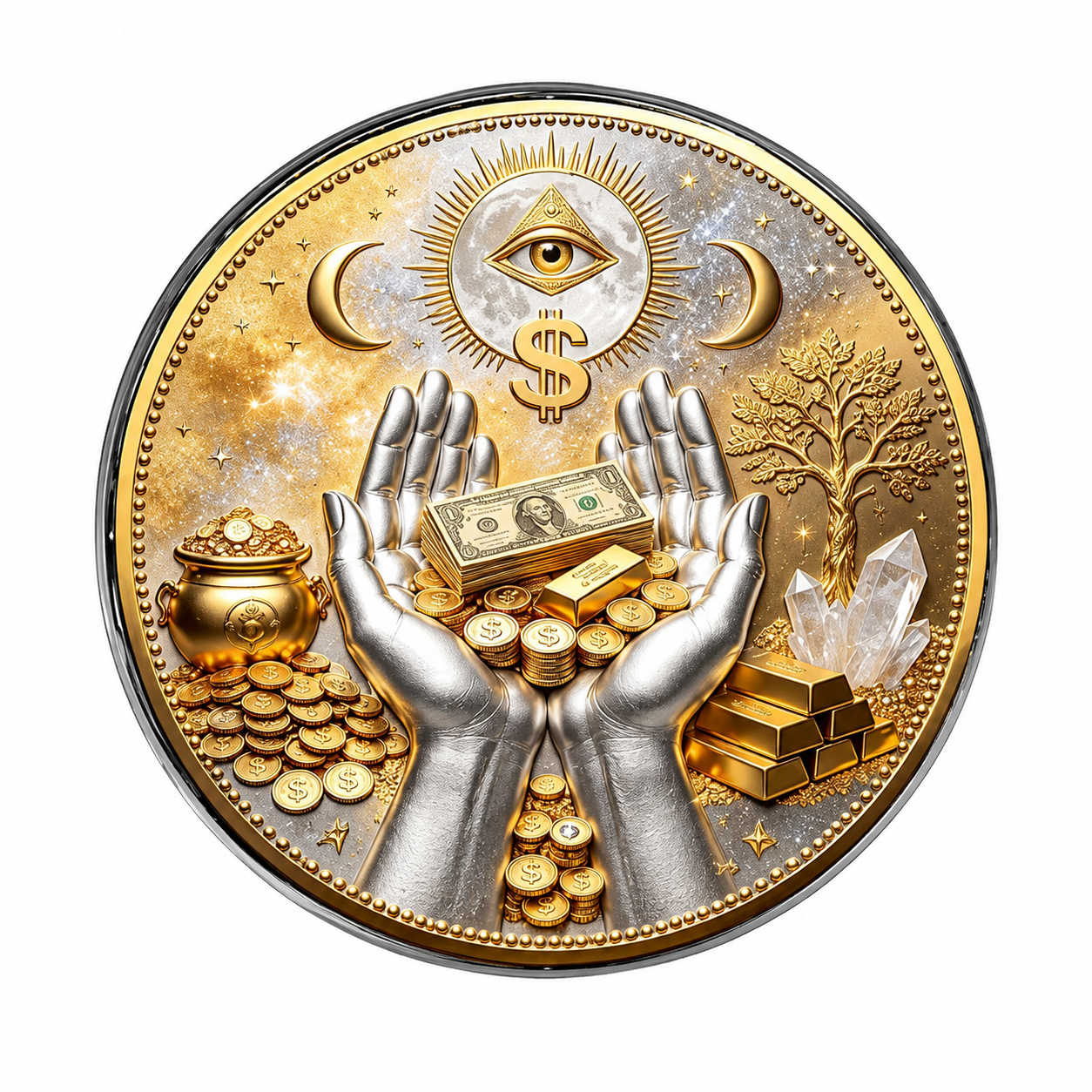 3D “The Midas Touch” Wealth Abundance Coin Brooch – Fortune Attraction Charm, Omniscient Protection Symbol, Pocket-Sized Collector’s Pin for Businessmen & Entrepreneurs