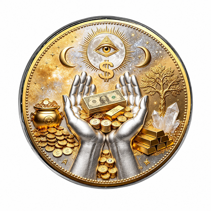3D “The Midas Touch” Wealth Abundance Coin Brooch – Fortune Attraction Charm, Omniscient Protection Symbol, Pocket-Sized Collector’s Pin for Businessmen & Entrepreneurs
