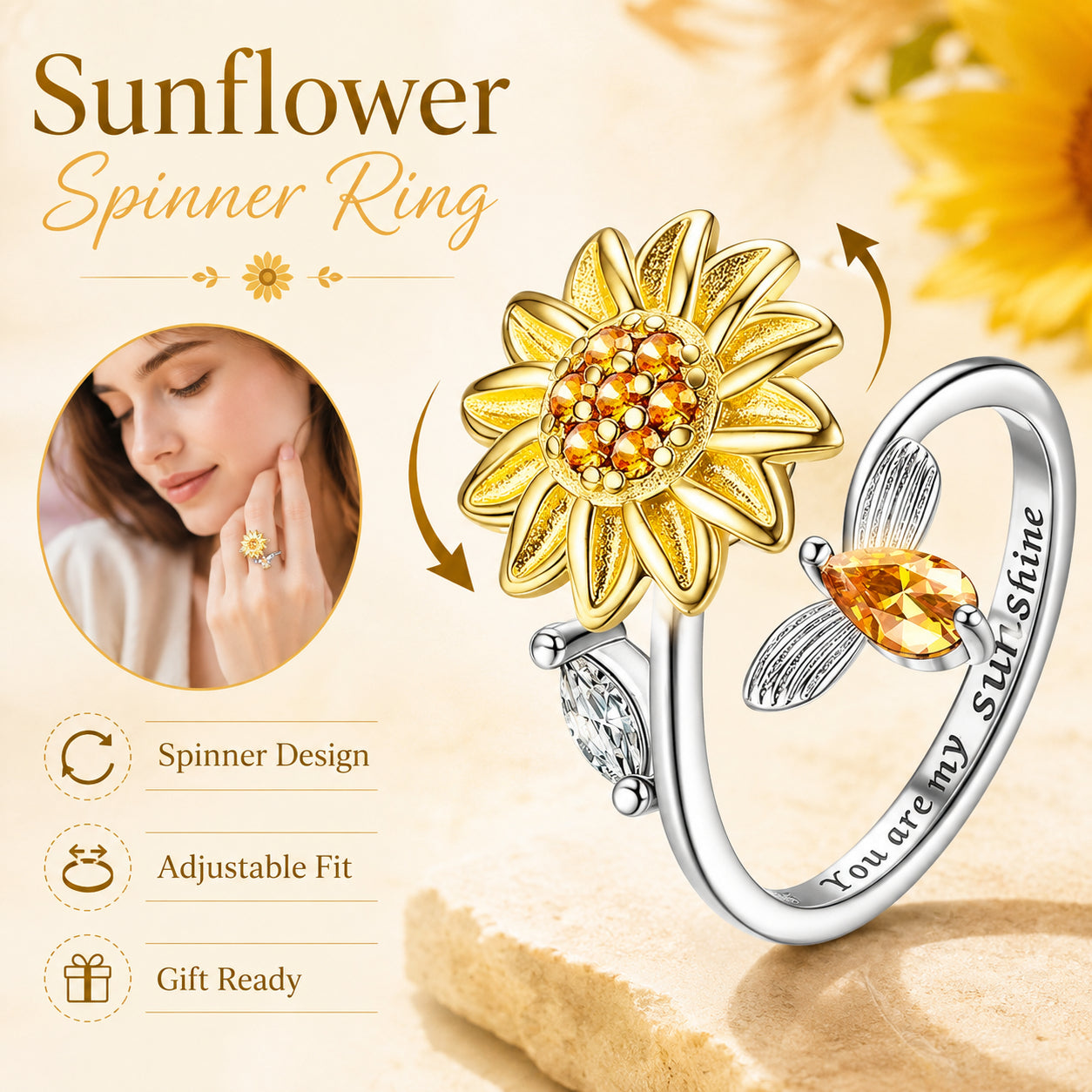 Sunflower Fidget Rings for Women,You are My Sunshine Chic Sunflower Open Ring