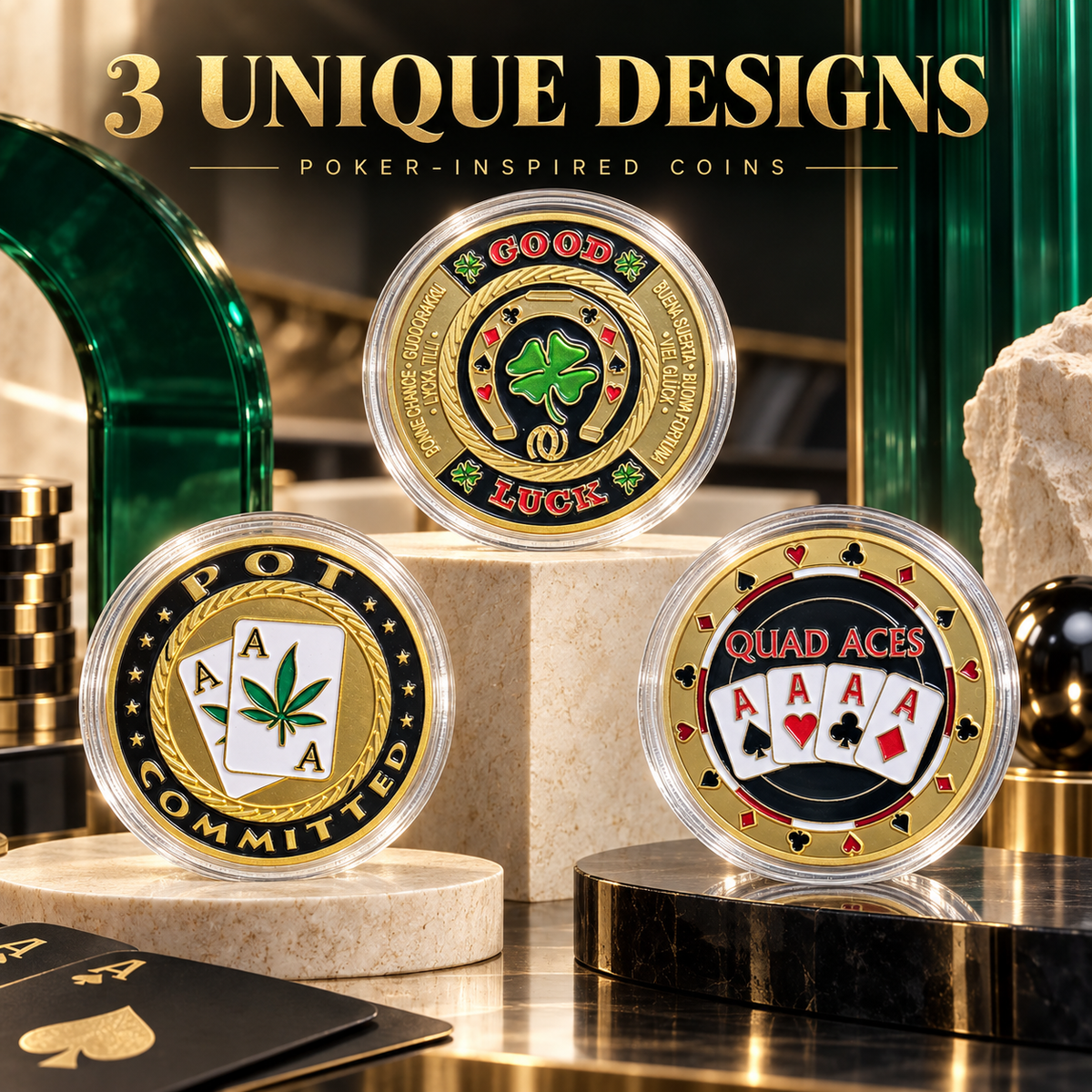 🍀GOOD LUCK ‑ Gold Metal Poker With Protective Case