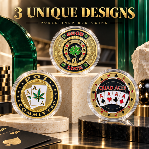 🍀GOOD LUCK ‑ Gold Metal Poker With Protective Case
