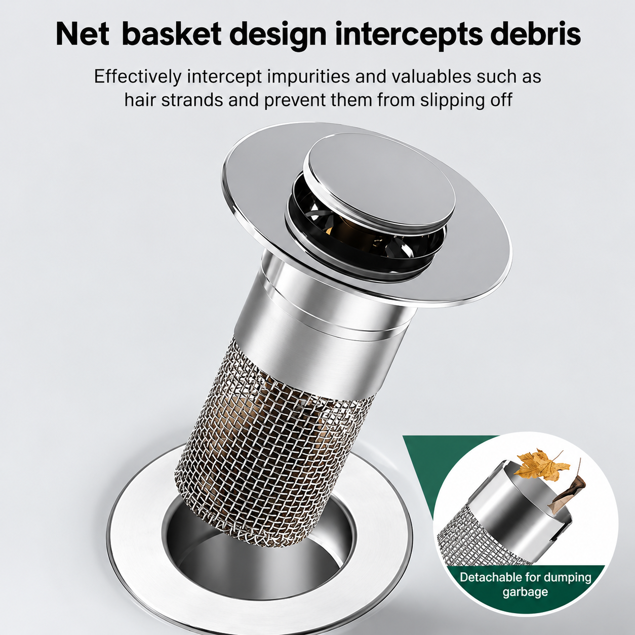 Removable mesh sink drain filter catching hair and small debris