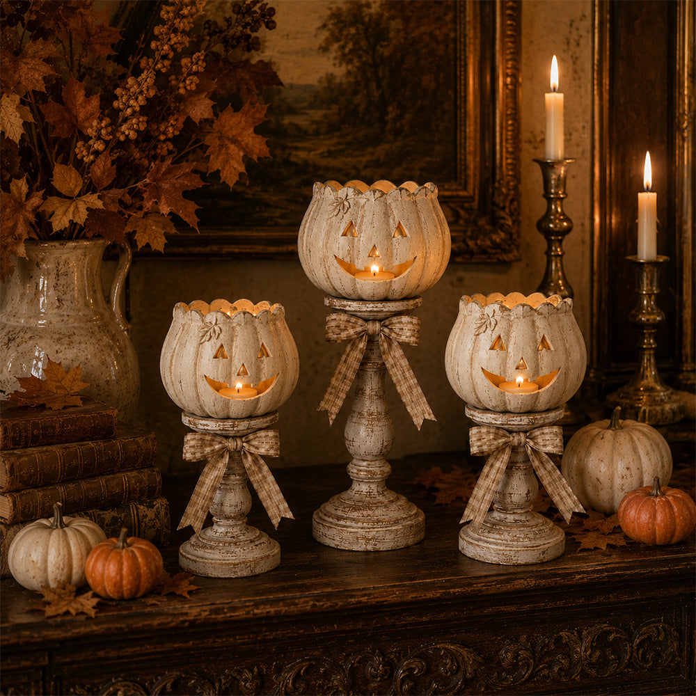 Glow White Pumpkin Tealight Holders – Set of 3