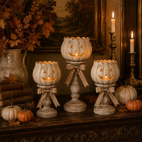 Glow White Pumpkin Tealight Holders – Set of 3