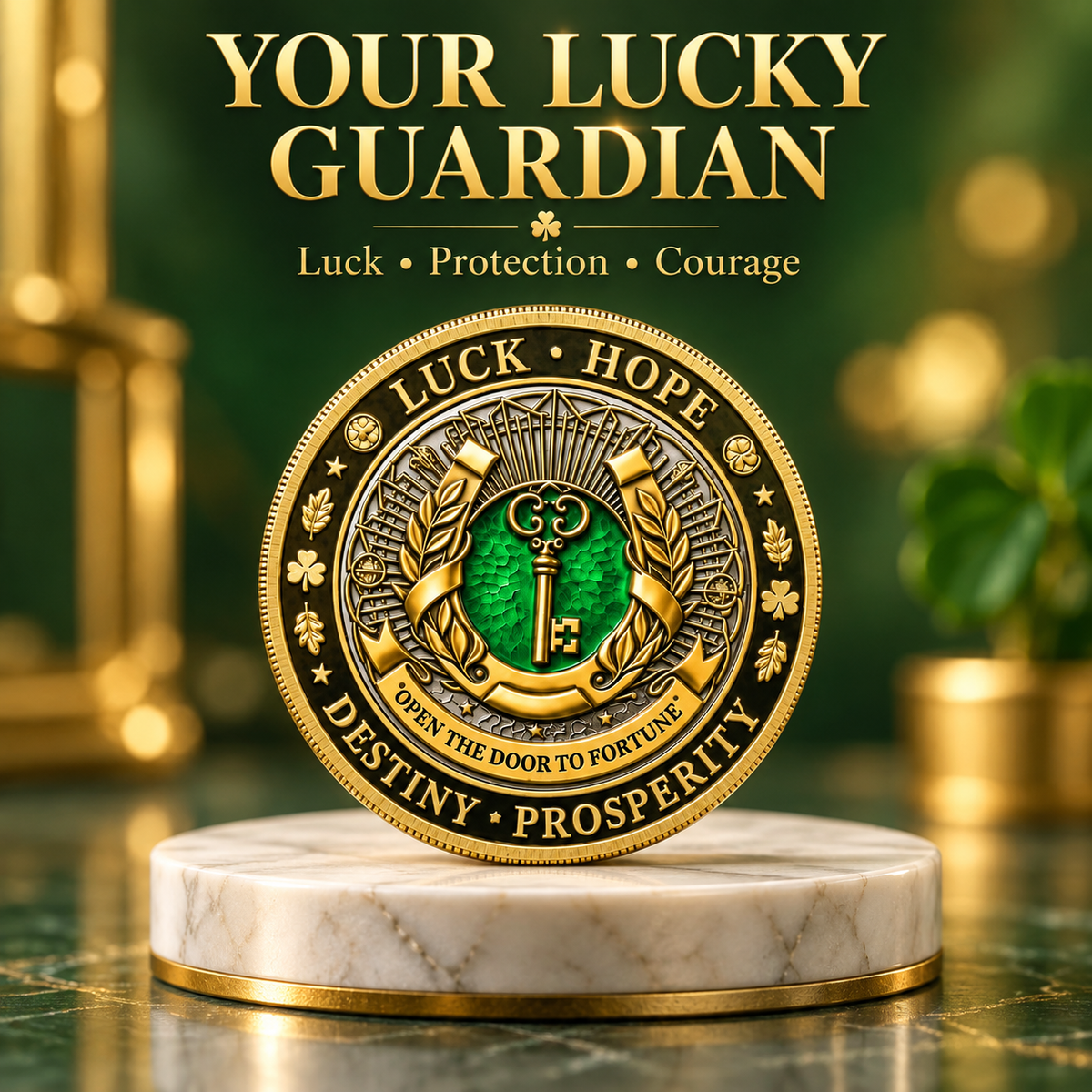 🍀Lucky Four-Leaf Clover & Wealth Key Coin - Double-Sided 3D Embossed Commemorative Replica