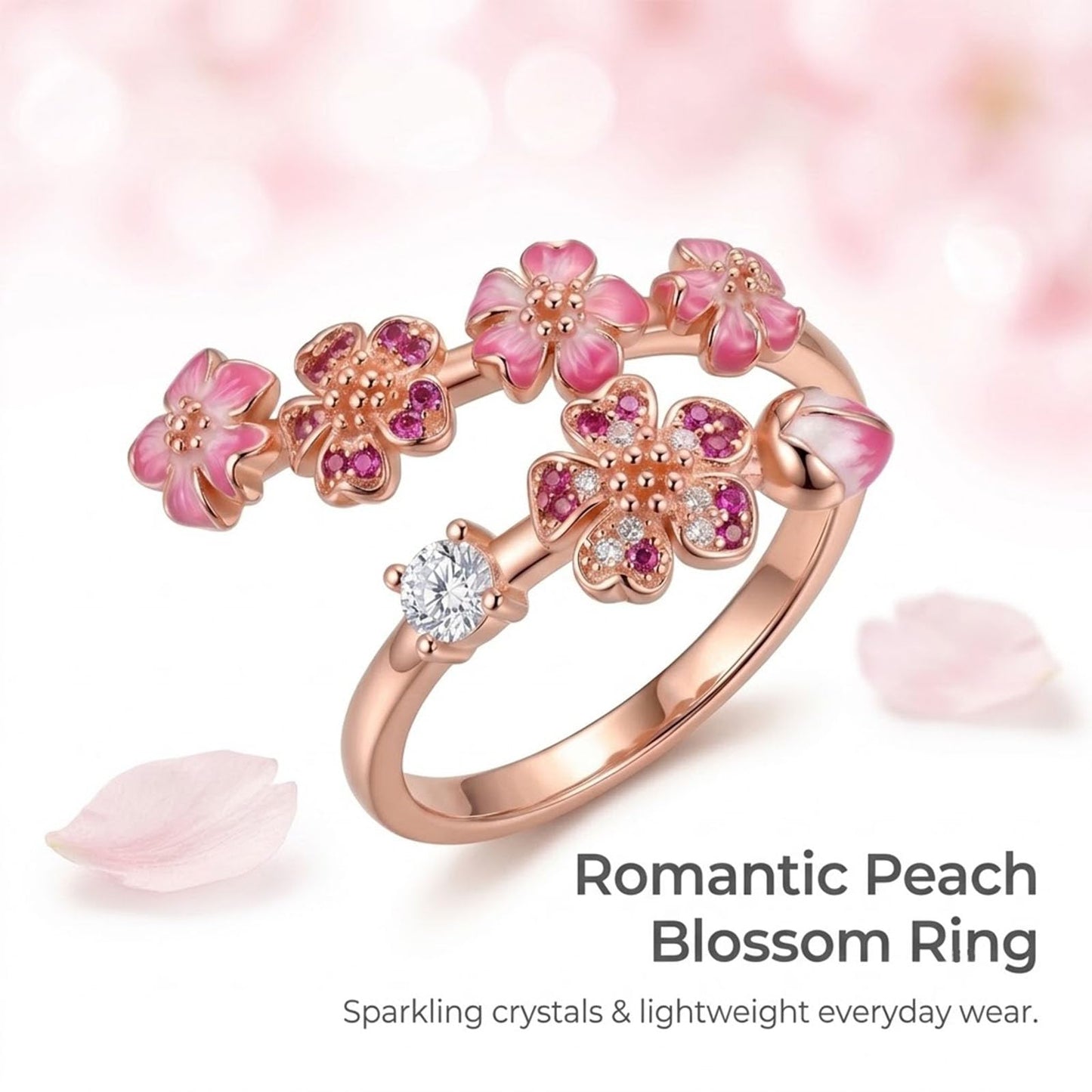 Peach Blossom Ring For Women, Rose Gold Plated Adjustable Pink Floral Jewelry Ring