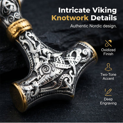 Viking Thor Hammer Pendant Necklace Stainless Steel Byzantine Chain