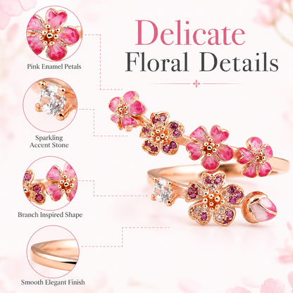 Peach Blossom Ring For Women, Rose Gold Plated Adjustable Pink Floral Jewelry Ring