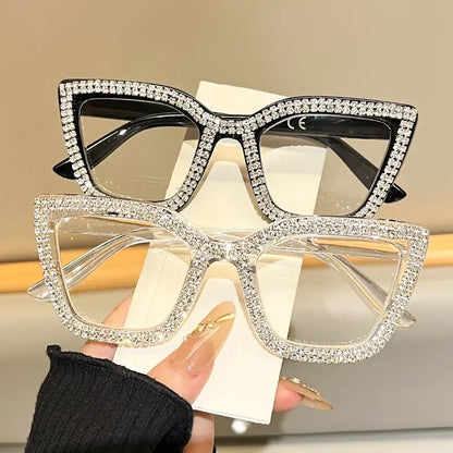 Diamond‑Studded Cat‑Eye Large Frame PC Light Anti‑Fatigue Reading Glasses