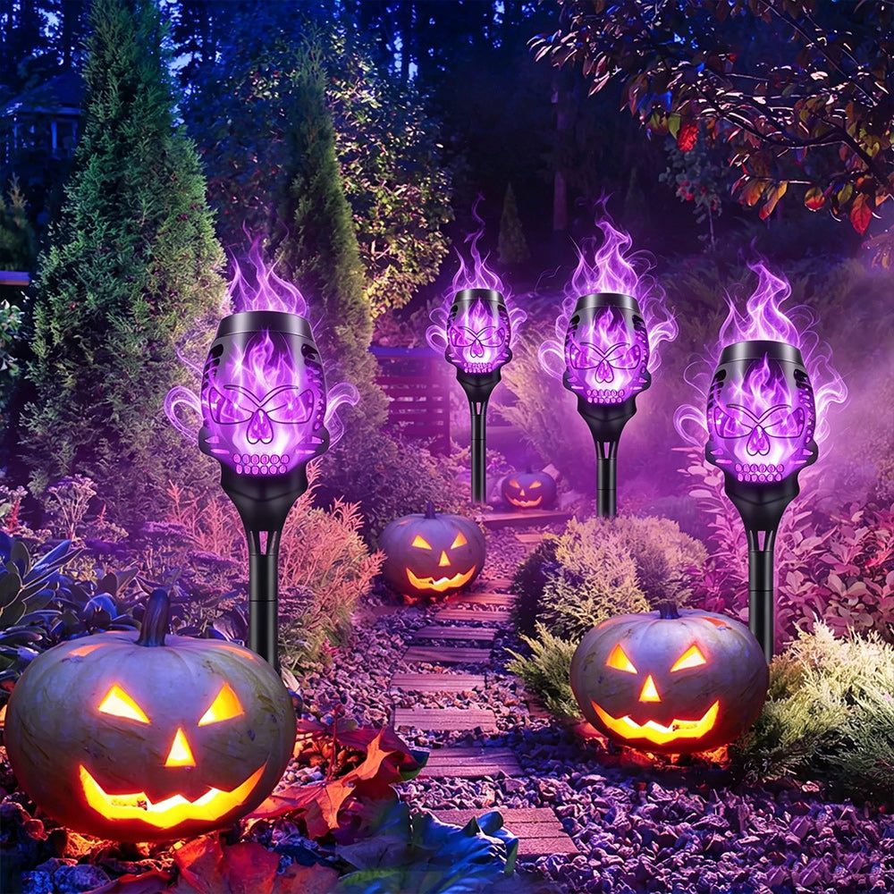 Purple Halloween Solar Skull Flame Lights Outdoor