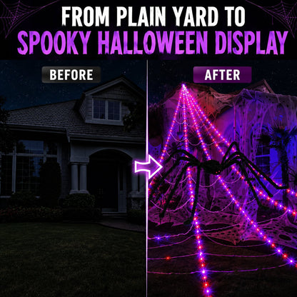Halloween LED Spider Web Lights & Giant Black Spider Decor | 250 LEDs, 8 Modes, Remote Control