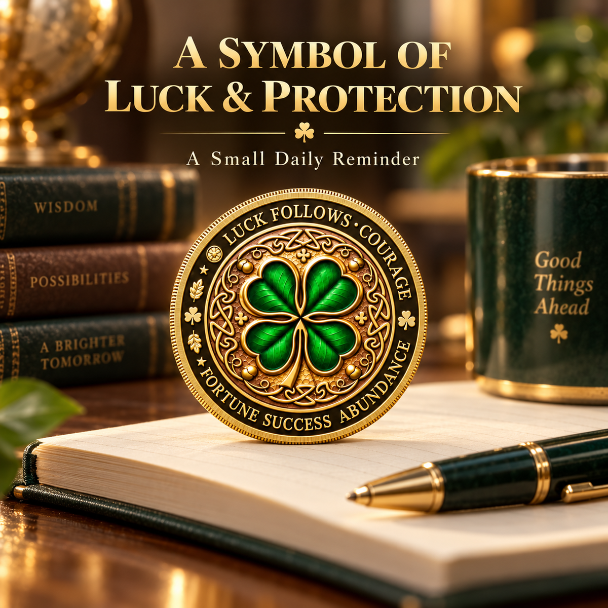🍀Lucky Four-Leaf Clover & Wealth Key Coin - Double-Sided 3D Embossed Commemorative Replica