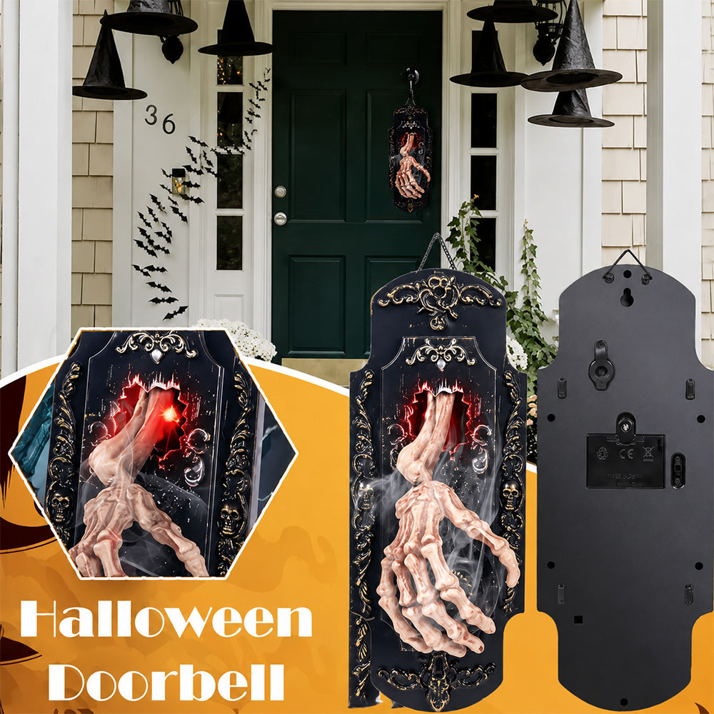 Hanging Touch/Motion Activated Skeleton Hand Doorbell with Red Light, Scary Sound Haunted House Decoration