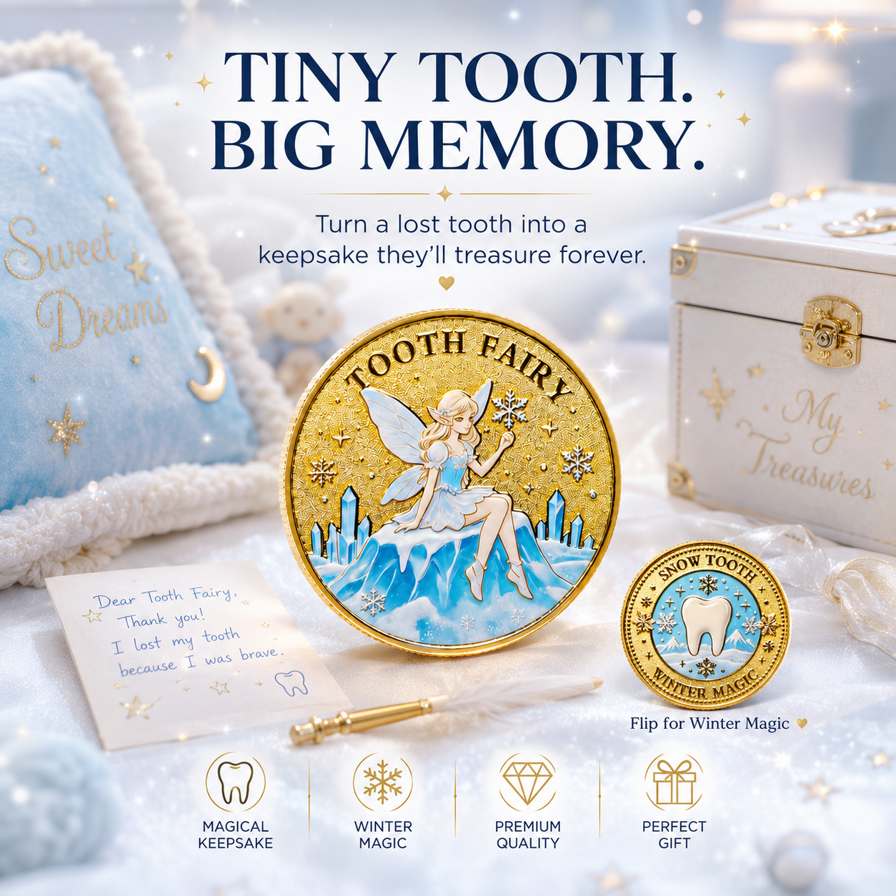 3D Tooth Fairy Commemorative Coin, tooth‑fairy & tooth imagery, heartwarming childhood lucky collectible