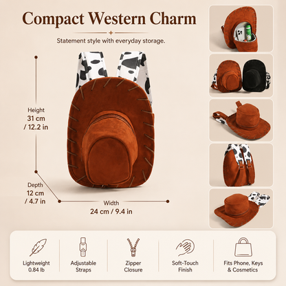 Western Cowboy Hat Shaped Backpack Cow Print Straps Mini Leather Purse