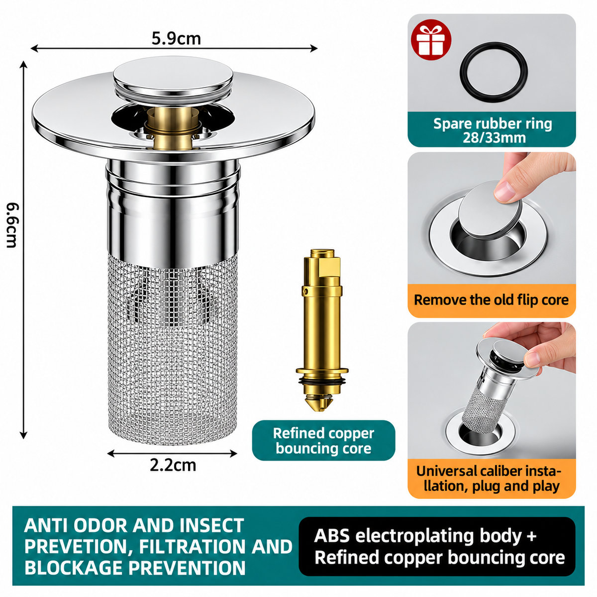 🚰✨ Universal 2-in-1 Sink Stopper – Pop-Up Drain Plug & Hair Catcher for Bathroom & Kitchen
