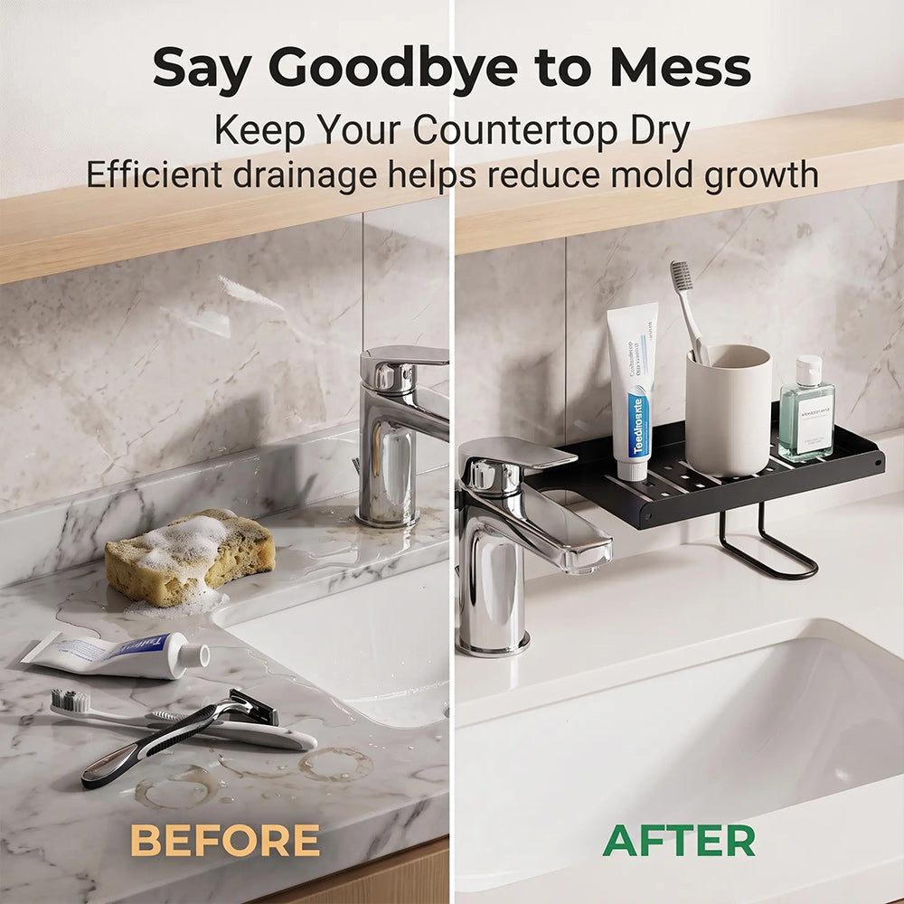 No-Drill Folding Bathroom Sink Storage Rack – Faucet-Mounted Organizer for Cosmetics & Toiletries