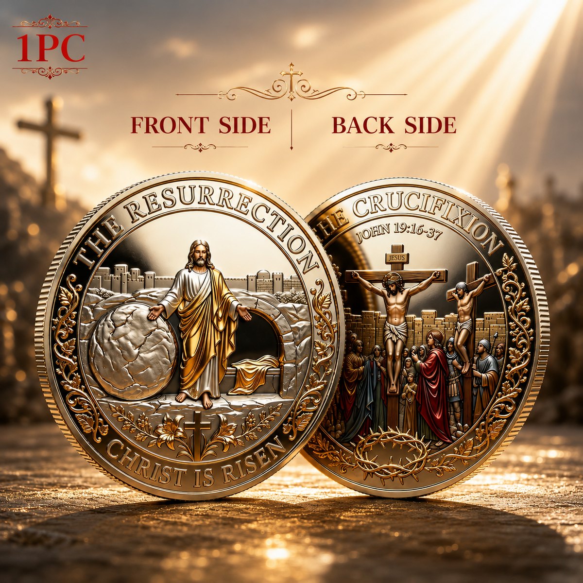 ✝️ Cross Resurrection Memorial Coin, Alloy Relief Religious Keepsake Ornament, Easter Church Family Collectible Gift