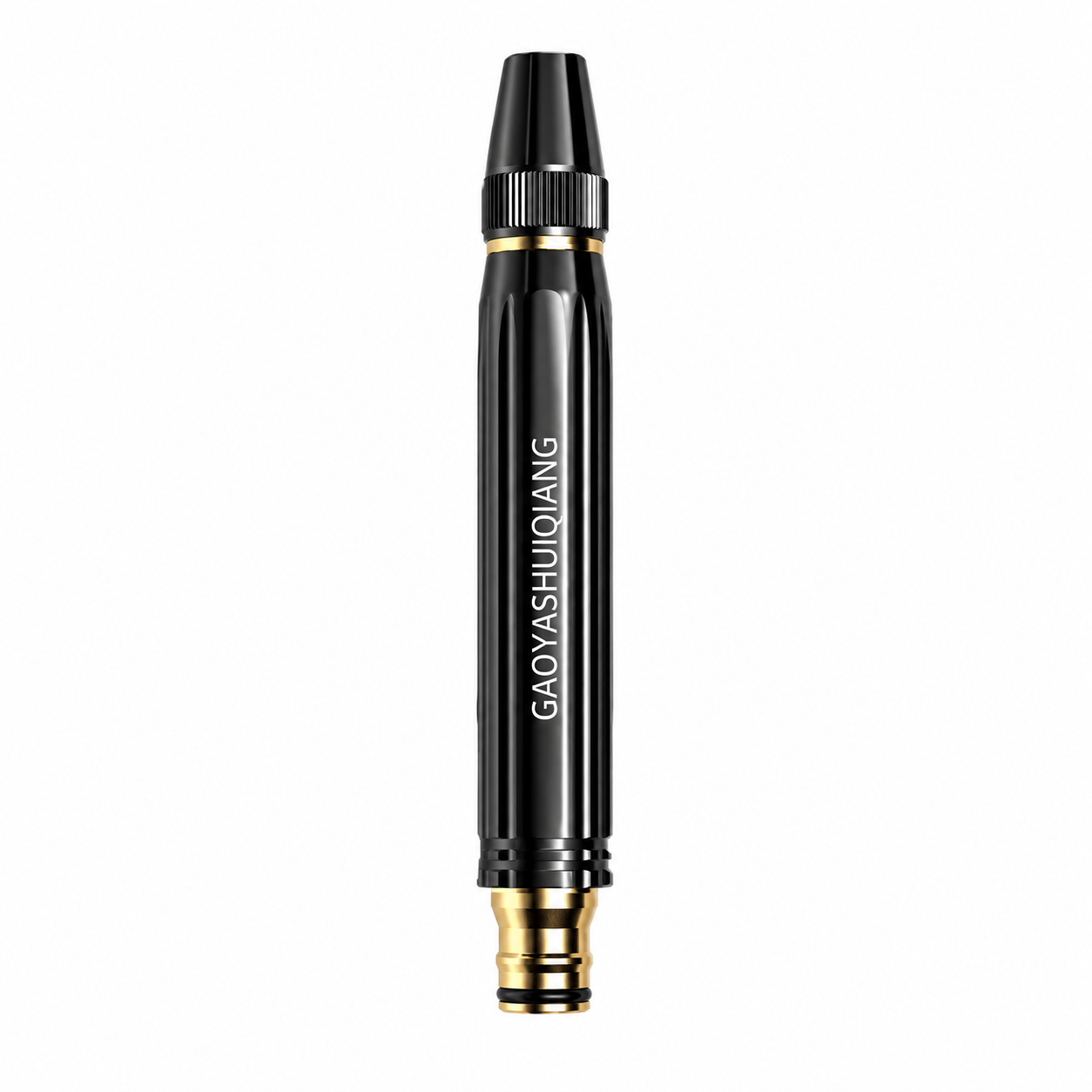 Black adjustable twist water hose nozzle with brass-colored connector on white background