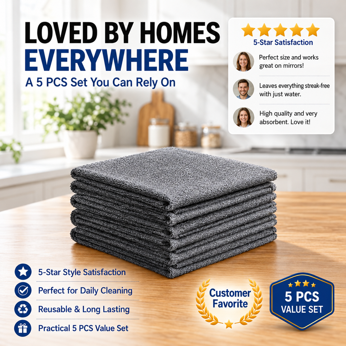 5 PCS Thick Microfiber Cleaning Cloths – Streak-Free Glass Cleaning Cloths for Windows, Mirrors, Shower Doors, Kitchen & Stainless Steel, Reusable Lint-Free Wipes, 15.7 × 11.8 Inch