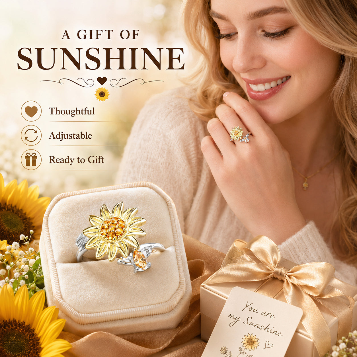 Sunflower Fidget Rings for Women,You are My Sunshine Chic Sunflower Open Ring