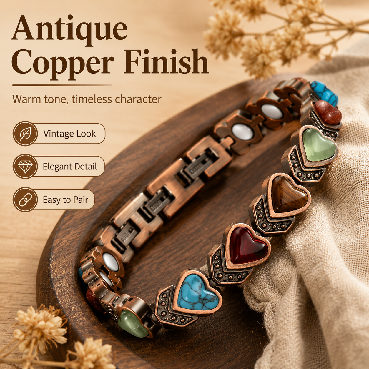 Copper Bracelet for Women, Pure Copper Magnetic Bracelets, Natural Unique Gemstone