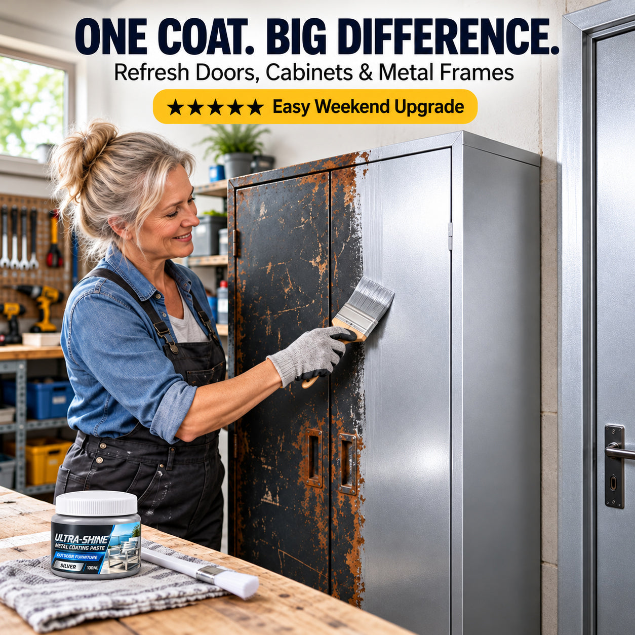 Home renovation project showing silver paint being applied to a metal cabinet
