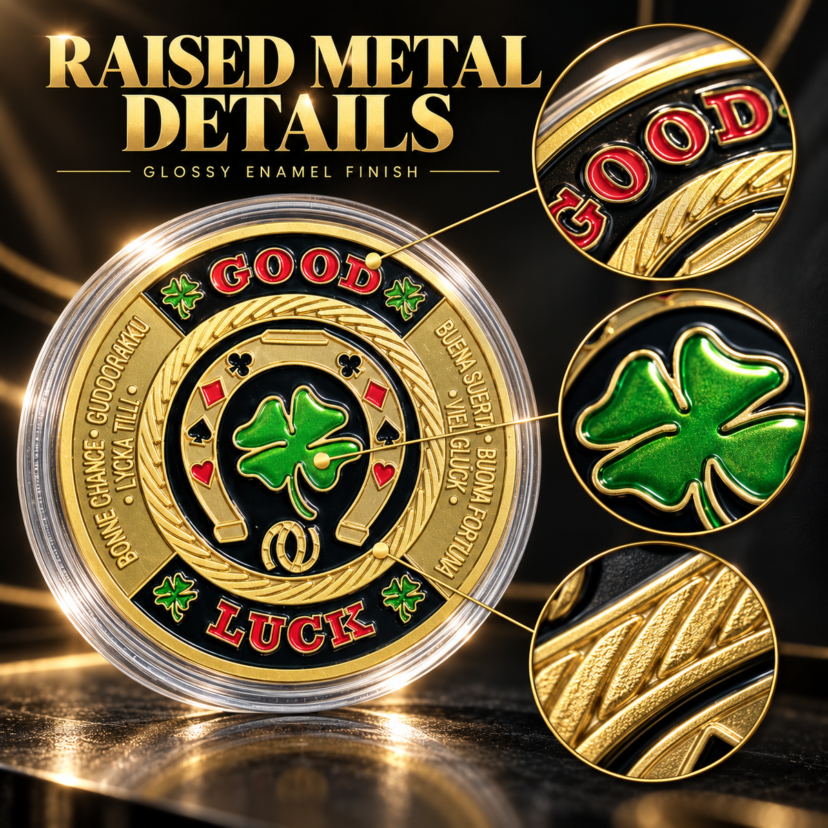 🍀GOOD LUCK ‑ Gold Metal Poker With Protective Case