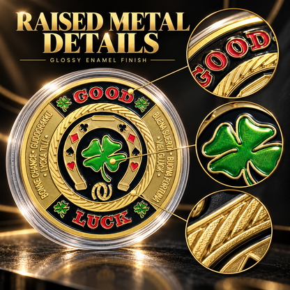 🍀GOOD LUCK ‑ Gold Metal Poker With Protective Case
