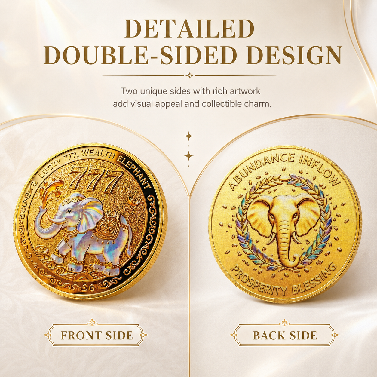 2D Lucky Elephant Coin, Double‑Sided 777 Wealth Token, Water‑Spraying Fortune Talisman