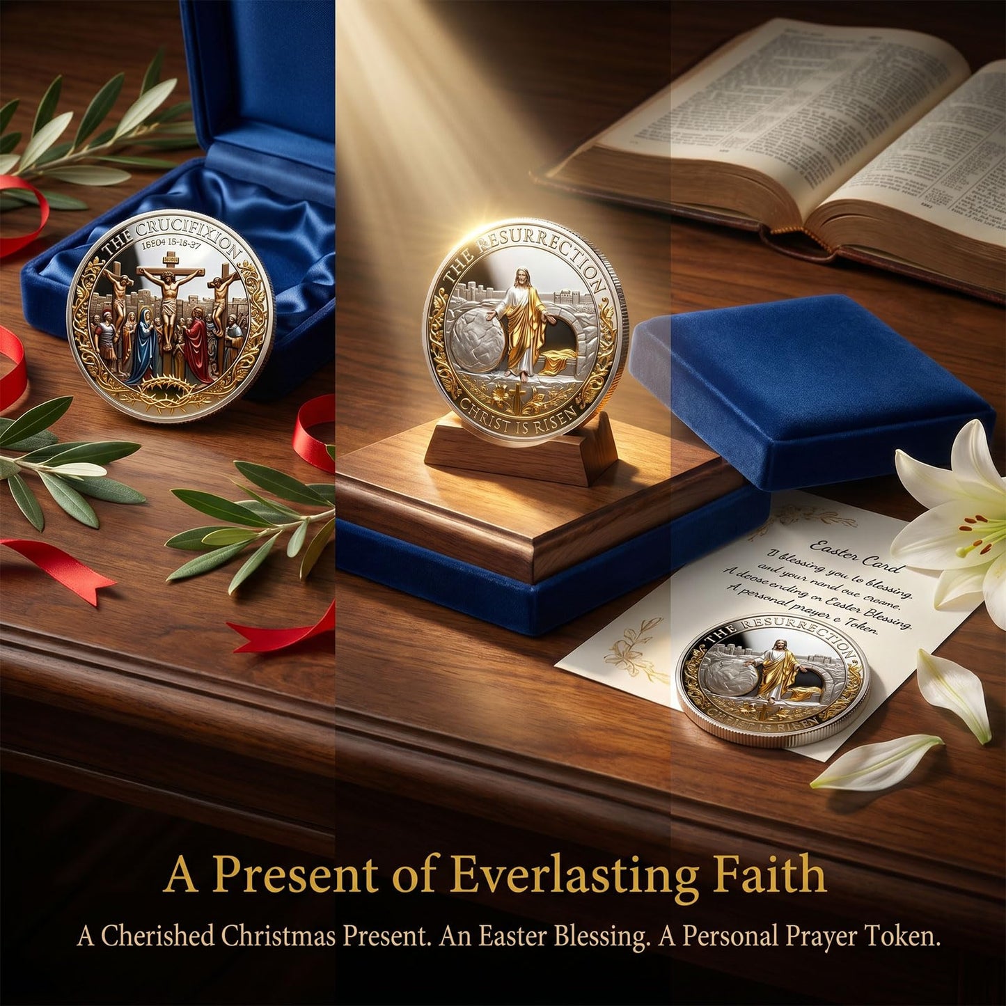 ✝️ Cross Resurrection Memorial Coin, Alloy Relief Religious Keepsake Ornament, Easter Church Family Collectible Gift