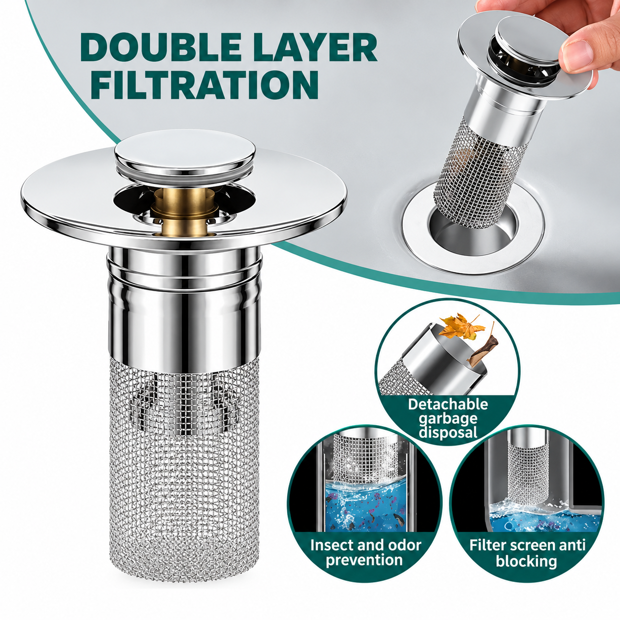 Two-in-one pop-up sink stopper with removable mesh filter basket