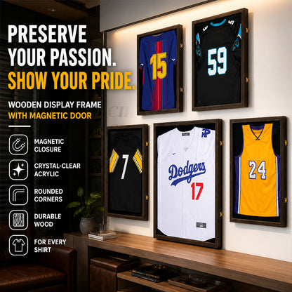 Wooden Memorial Jersey Display Frame (Magnetic Door) – Keep Your Sweat & Love In Perfect Condition!