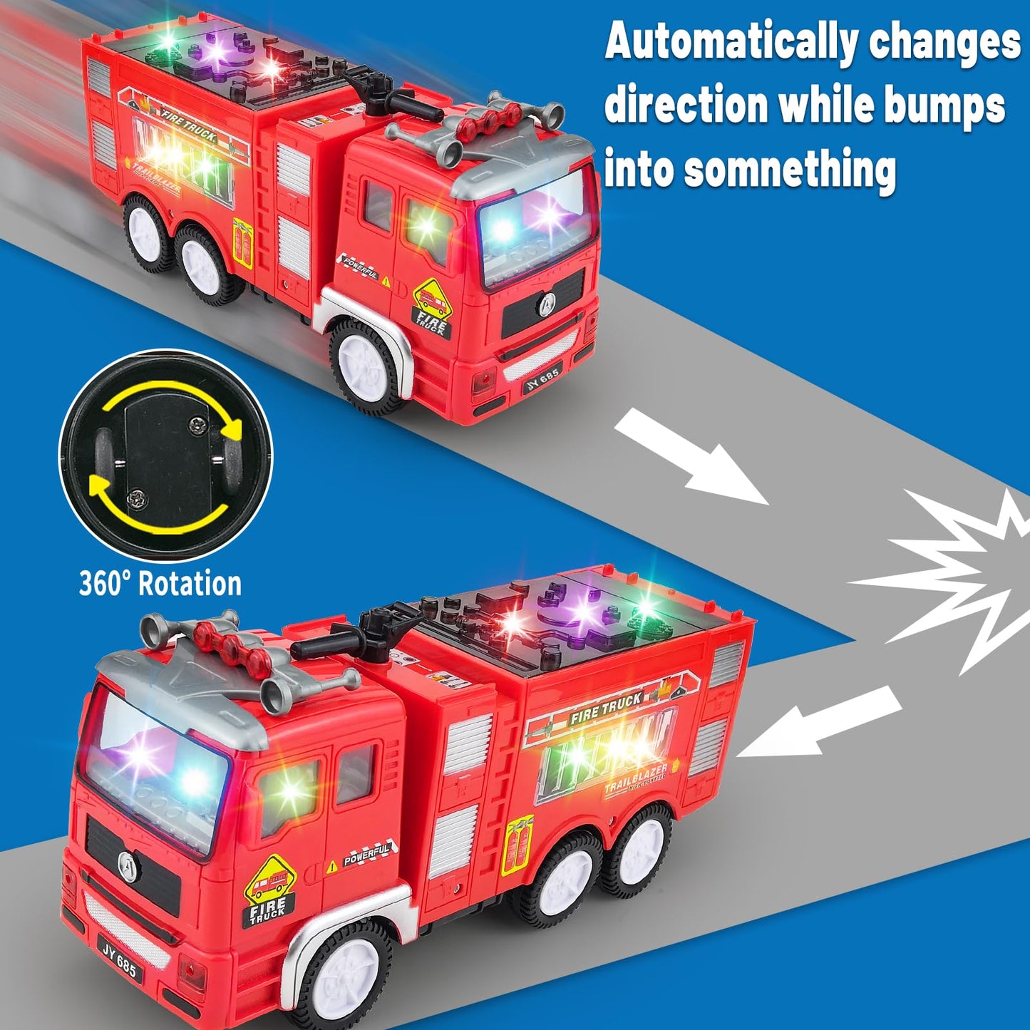 4D LED Light Up Fire Truck Toy, Music & Automatic Bump Function